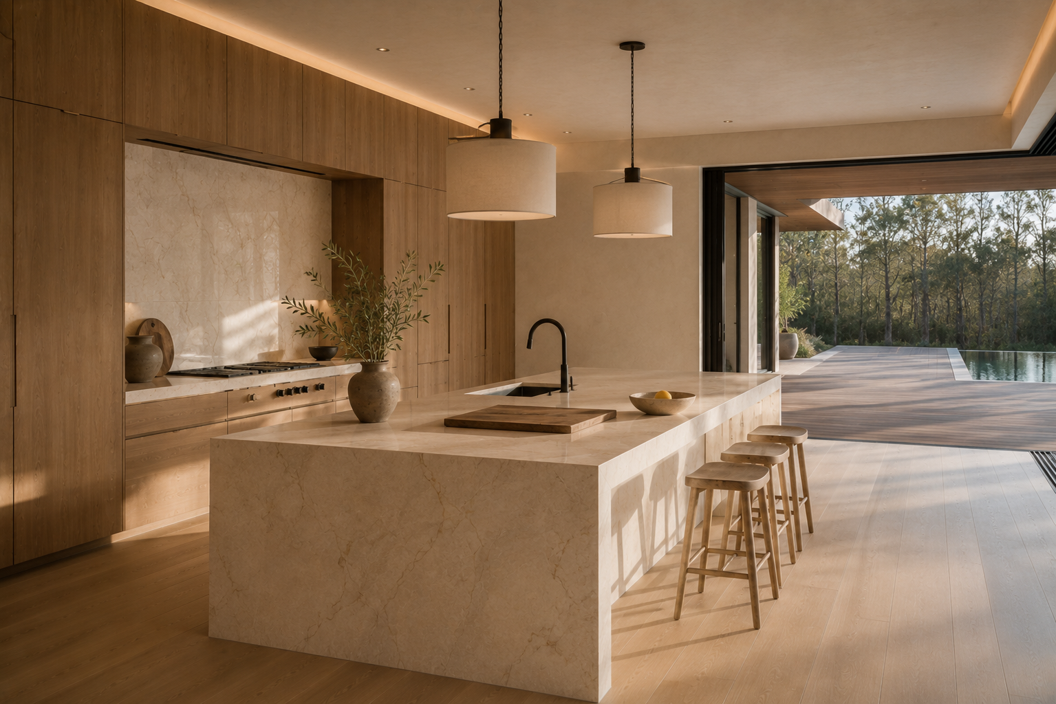 Kitchen and island